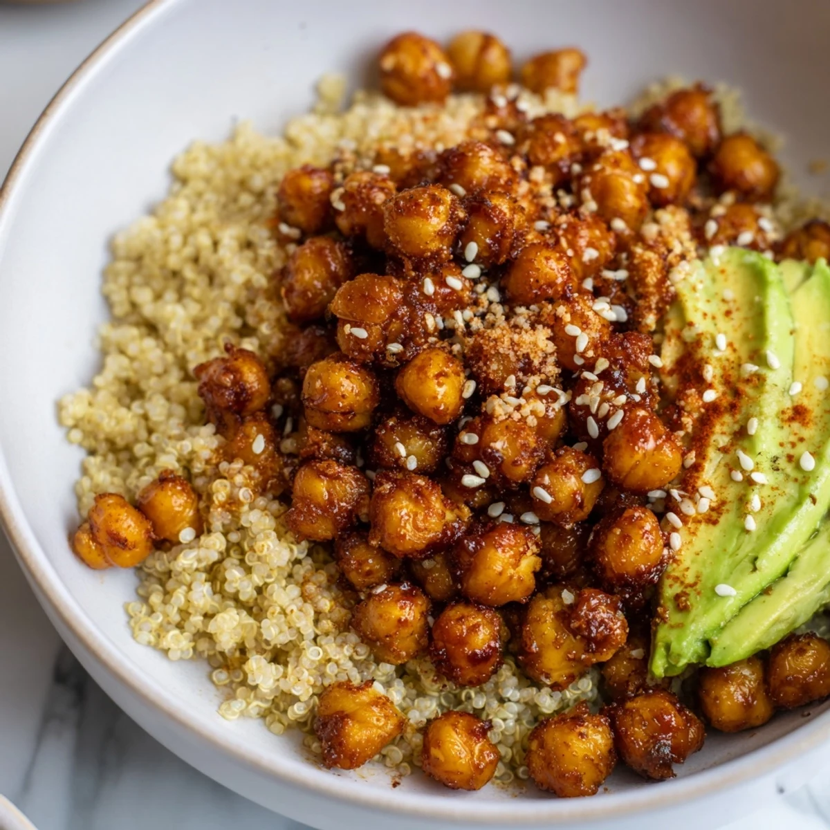 Golden crispy chili garlic chickpeas nestled with creamy avocado slices over fresh vegetable quinoa