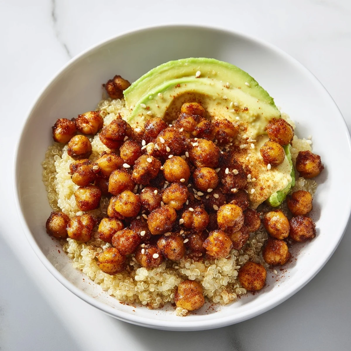 Spiced roasted chickpeas topped with sliced avocado and colorful vegetables in rustic bowl