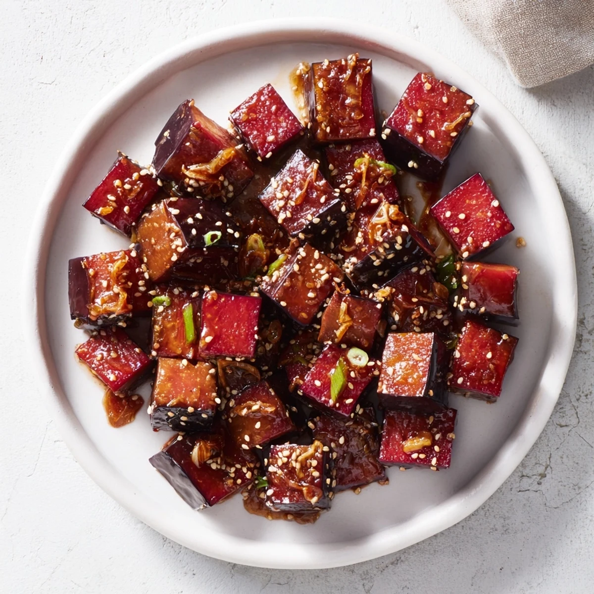 Caramelized miso ginger eggplant glistening with savory glaze and sprinkled with toasted sesame green onion crunch