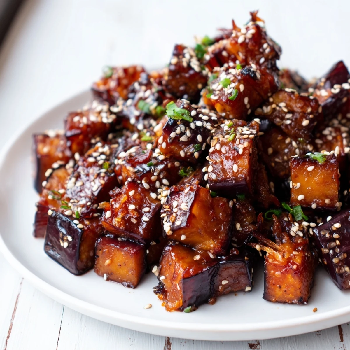 Tender roasted eggplant cubes coated in rich miso ginger sauce topped with crispy sesame garnish
