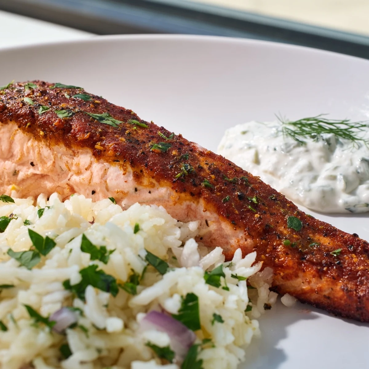 Flaky roasted Mediterranean salmon and cucumber dill bowl topped with creamy yogurt sauce