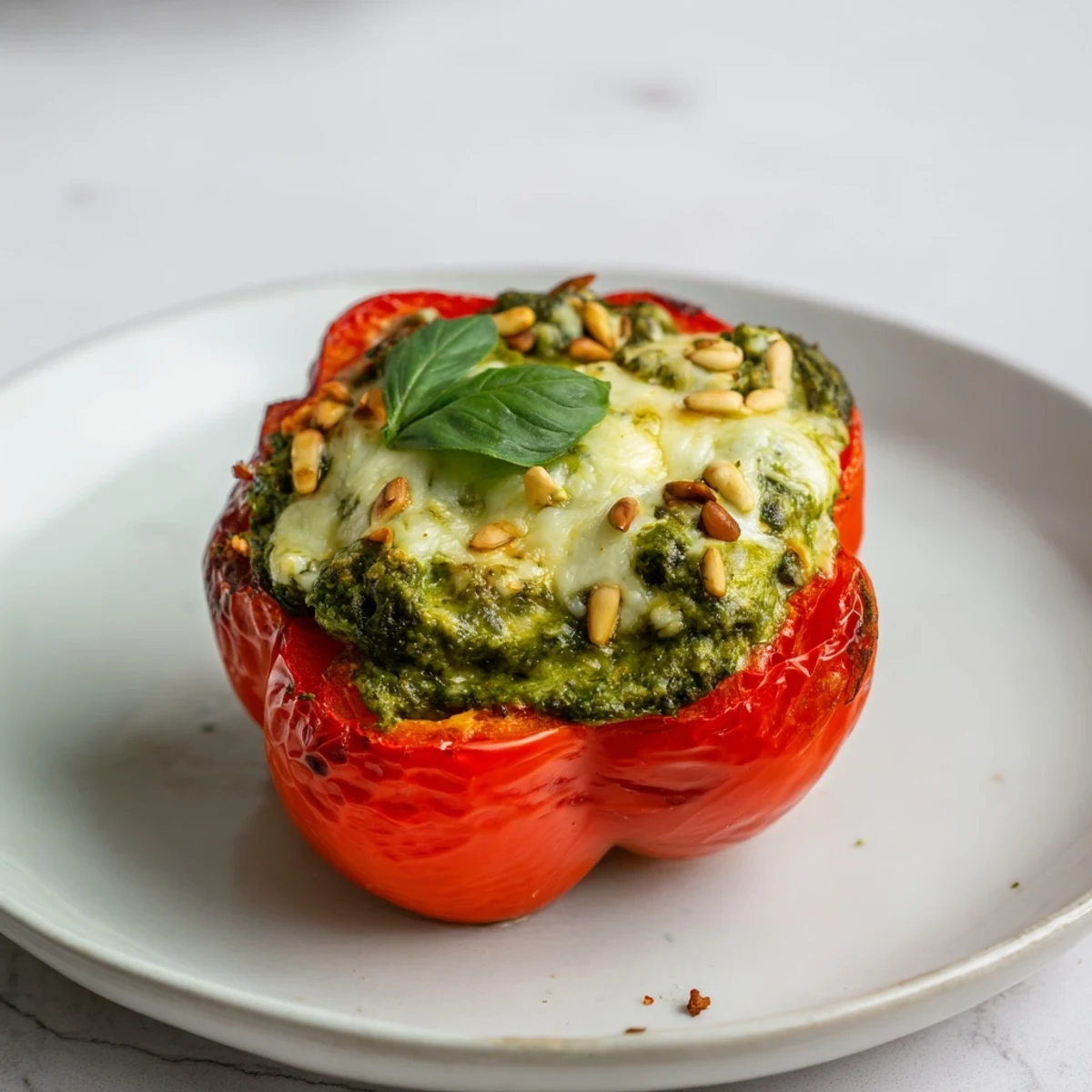 Colorful bell peppers stuffed with creamy cottage cheese spinach pesto filling baked until tender