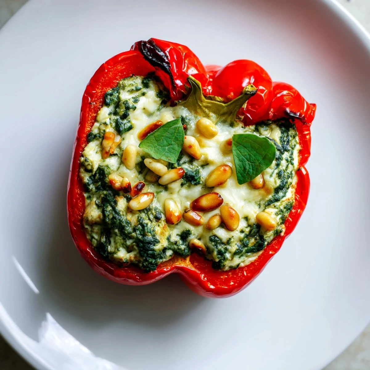 Golden baked cottage cheese spinach pesto stuffed peppers topped with melted mozzarella cheese