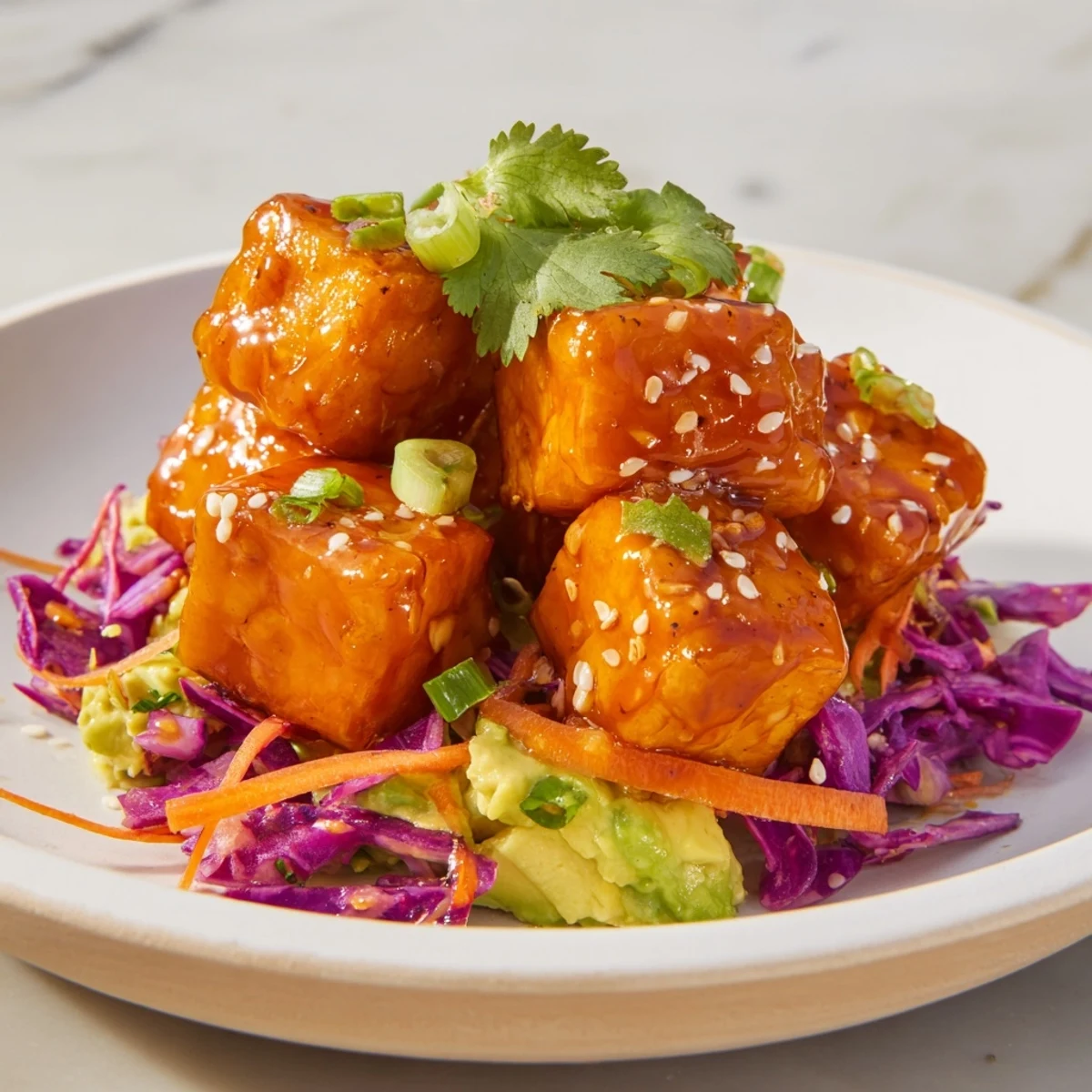 Vibrant spicy mango tofu with caramelized mango-chili coating served atop refreshing avocado cabbage slaw