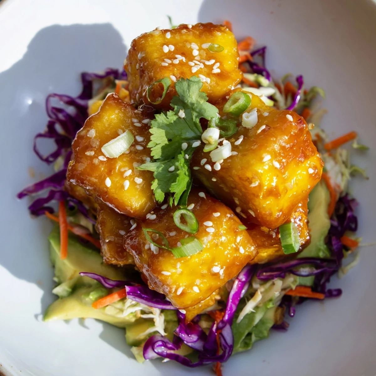 Spicy Mango Tofu With Avocado Cabbage Slaw