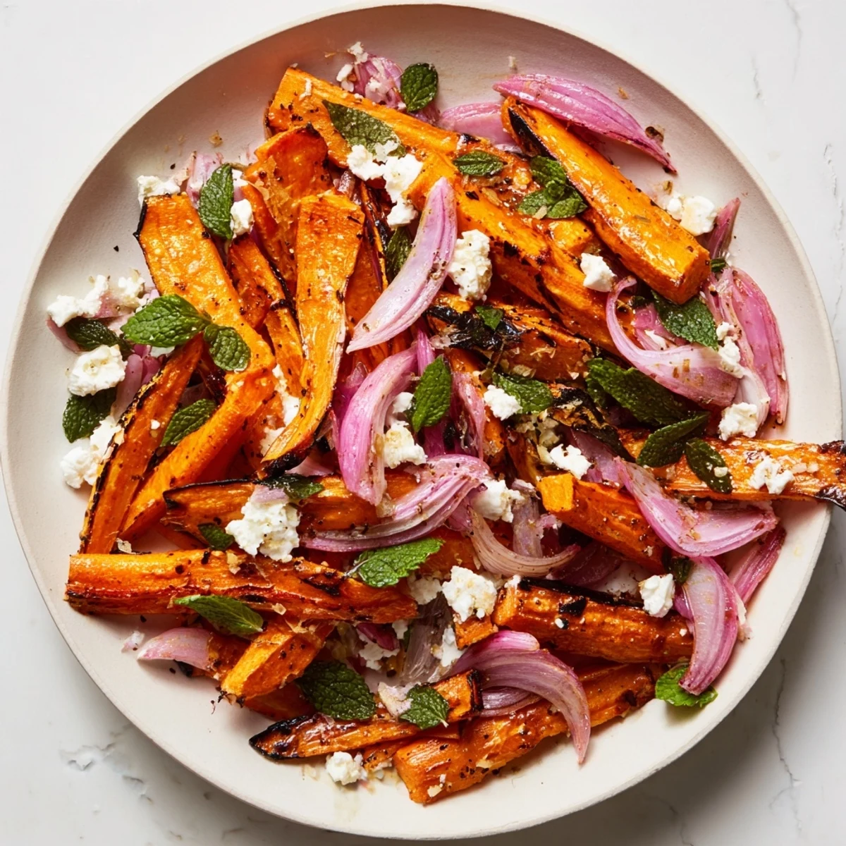 Roasted carrot and feta mint salad drizzled with honey lemon dressing and herbs