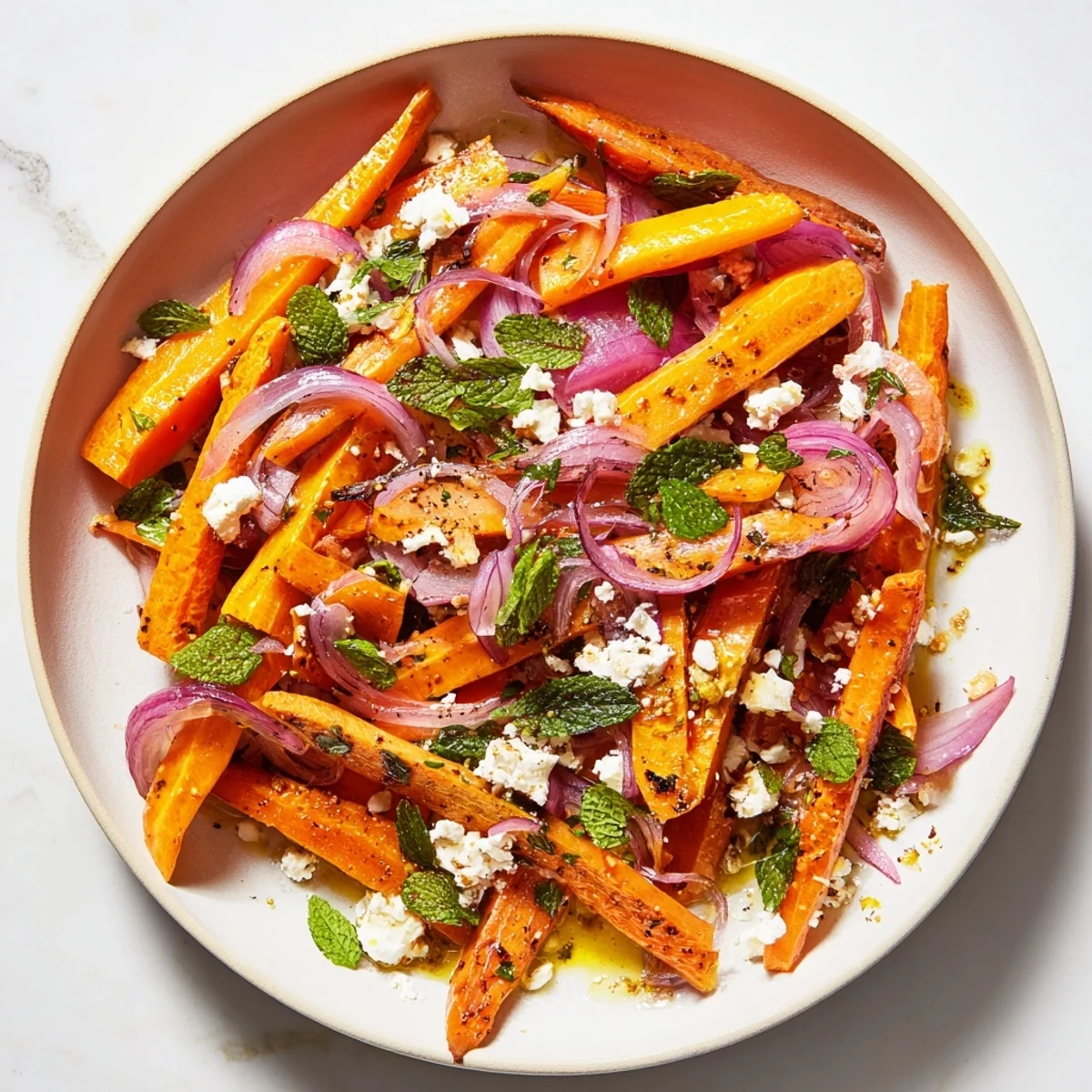 Golden roasted carrots topped with crumbled feta and fresh mint on a white platter