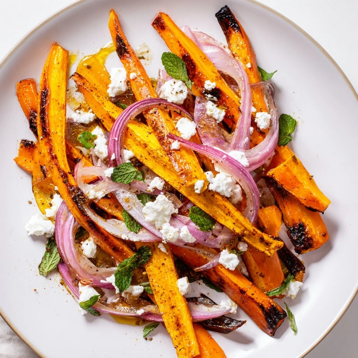 Caramelized carrot wedges scattered with creamy feta cheese and bright green mint leaves