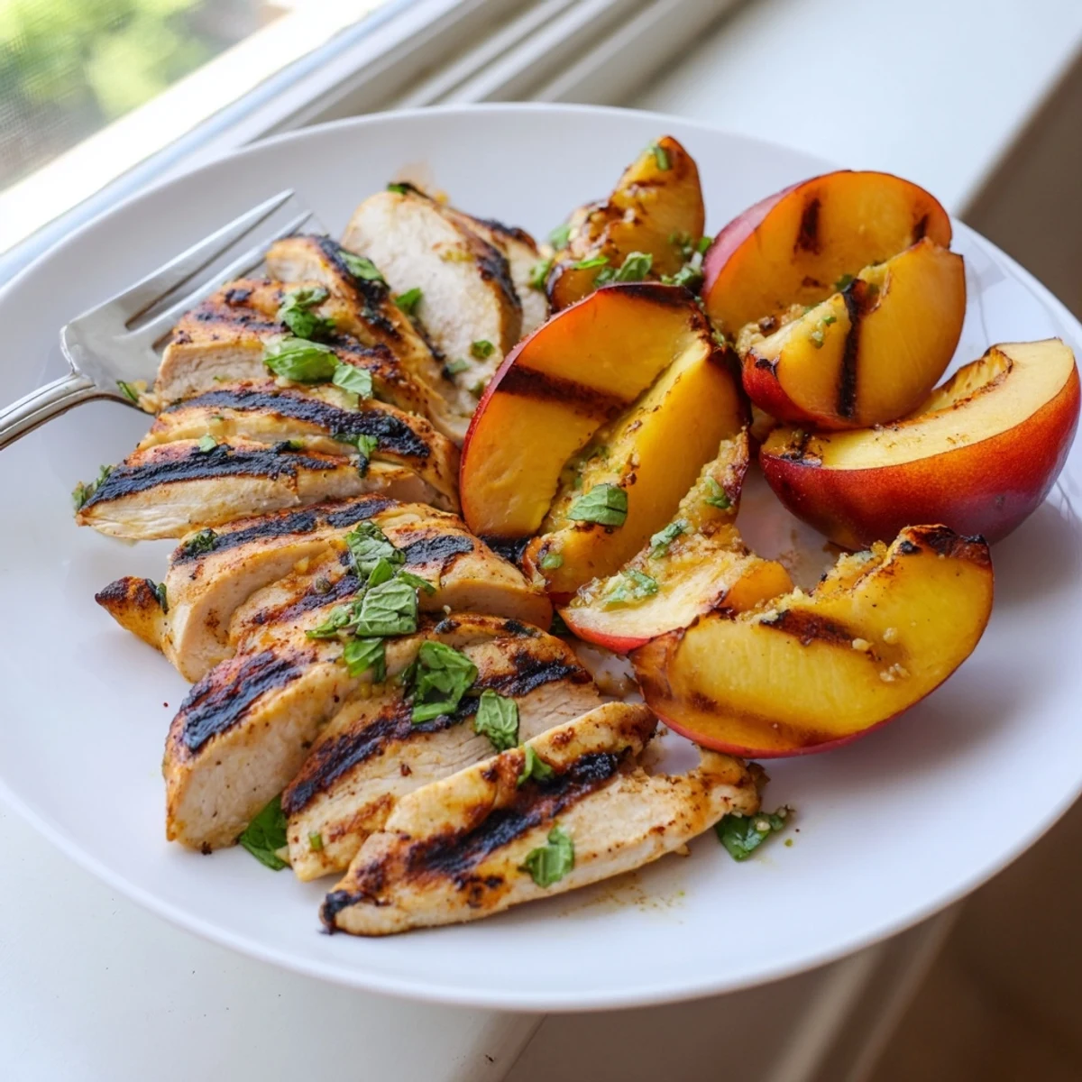 Smoky grilled chicken breasts topped with honey lime herbs and sweet grilled nectarines on a summer dinner plate
