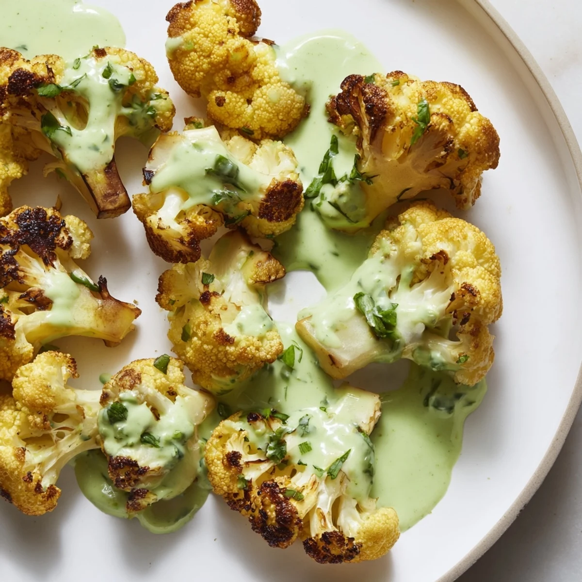 Golden roasted cauliflower with green goddess herb sauce drizzled on a rustic platter