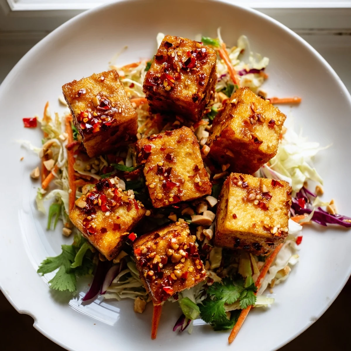 Golden crispy chili oil tofu cubes nestled on a bed of colorful sesame crunch slaw