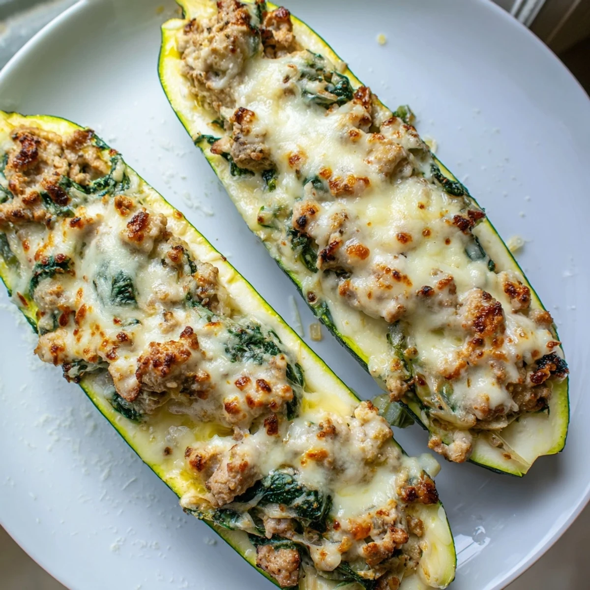 Baked pesto turkey and spinach stuffed zucchini boats with golden melted mozzarella cheese topping