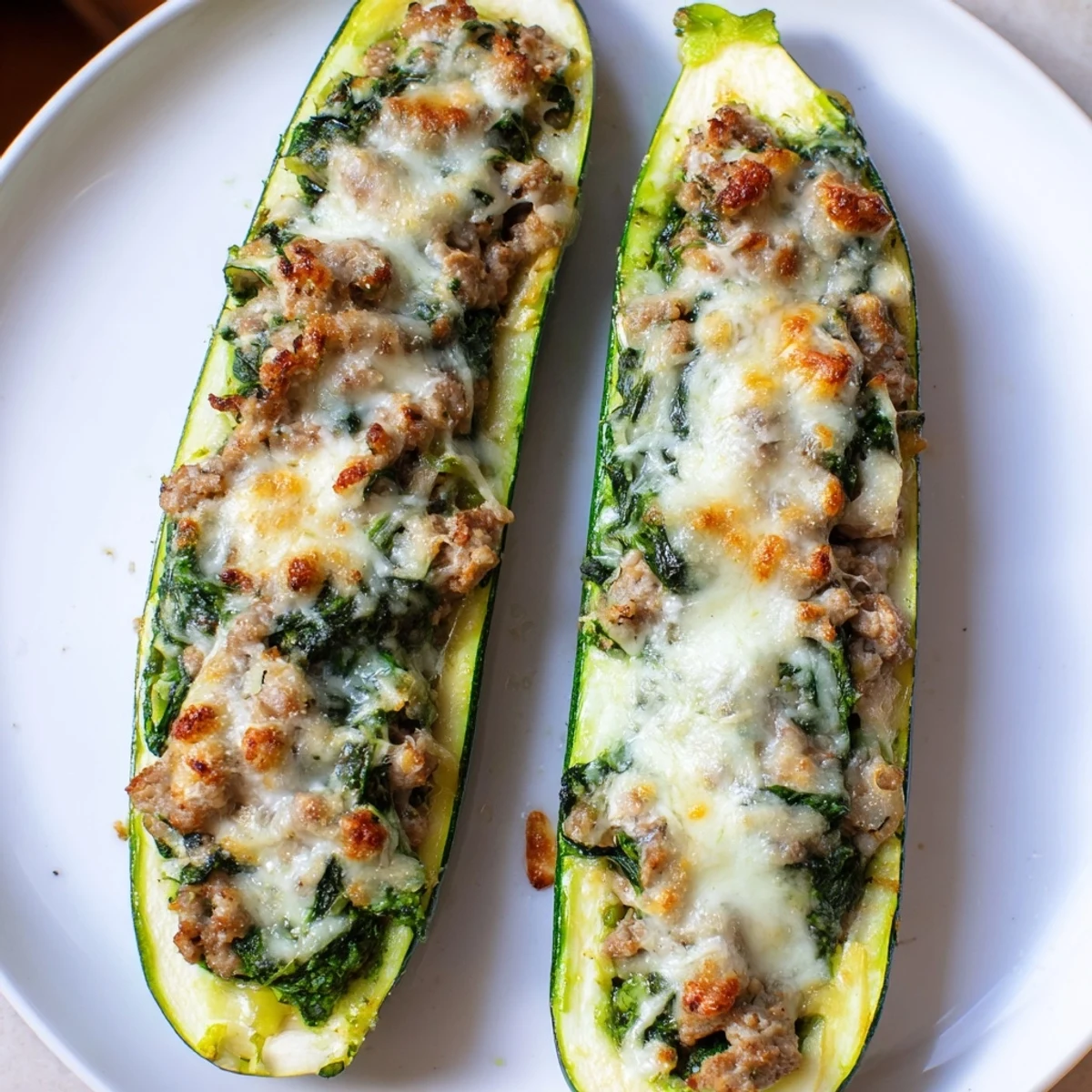 Close-up of pesto turkey and spinach stuffed zucchini with bubbling Parmesan and mozzarella crust