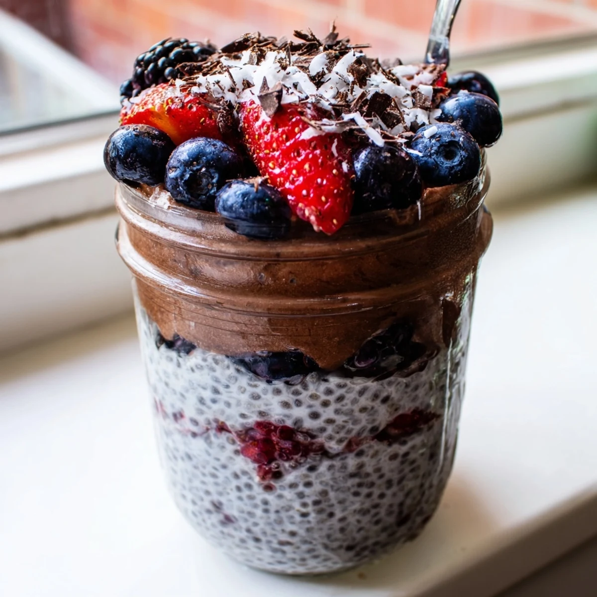 Creamy Chocolate Coconut Berry Protein Chia Cream layered in glass jars with fresh berries