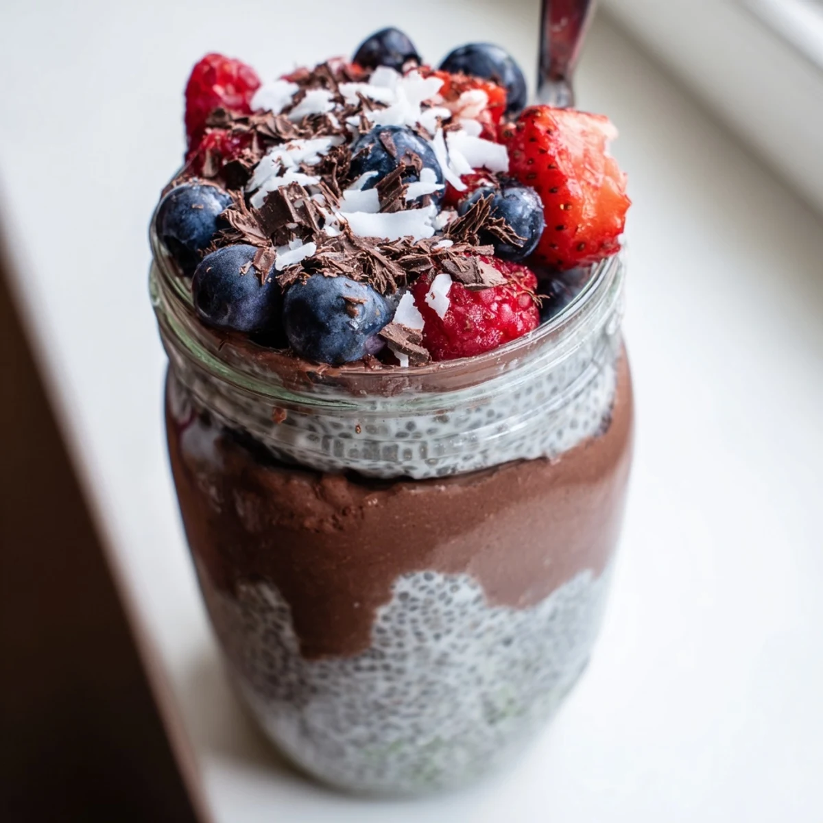 Rich chocolate protein chia cream topped with juicy mixed berries and shredded coconut