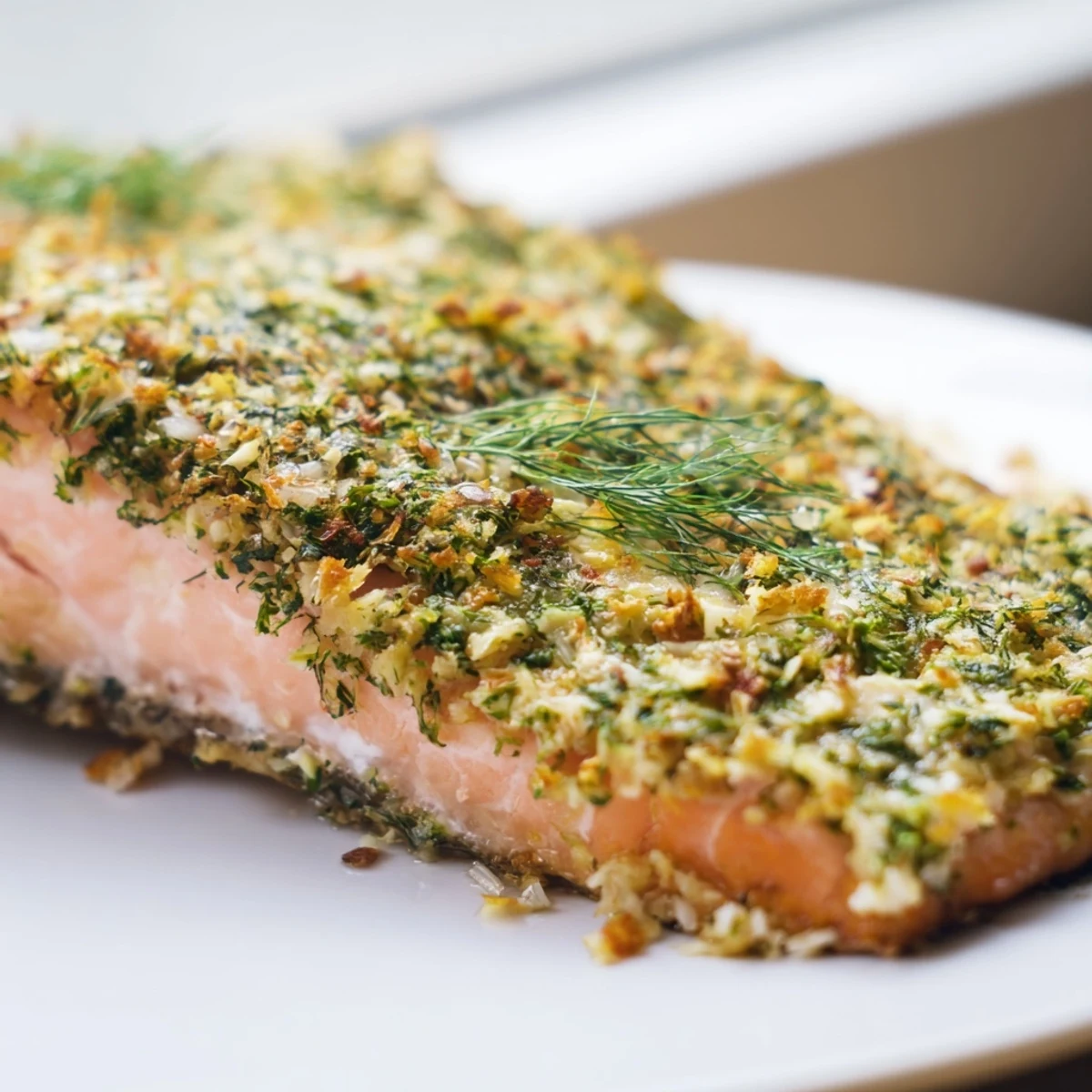 Golden garlic herb salmon with roasted spring vegetables on a rustic parchment-lined baking sheet