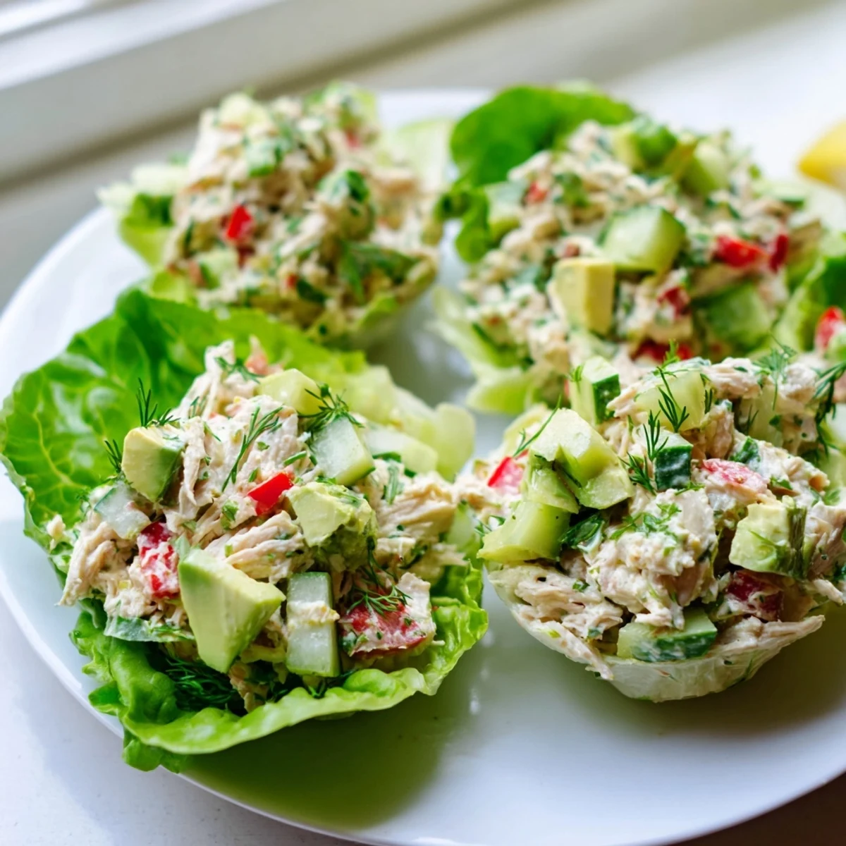 Fresh herb chicken salad with cottage cheese and avocado spooned into crunchy lettuce cups