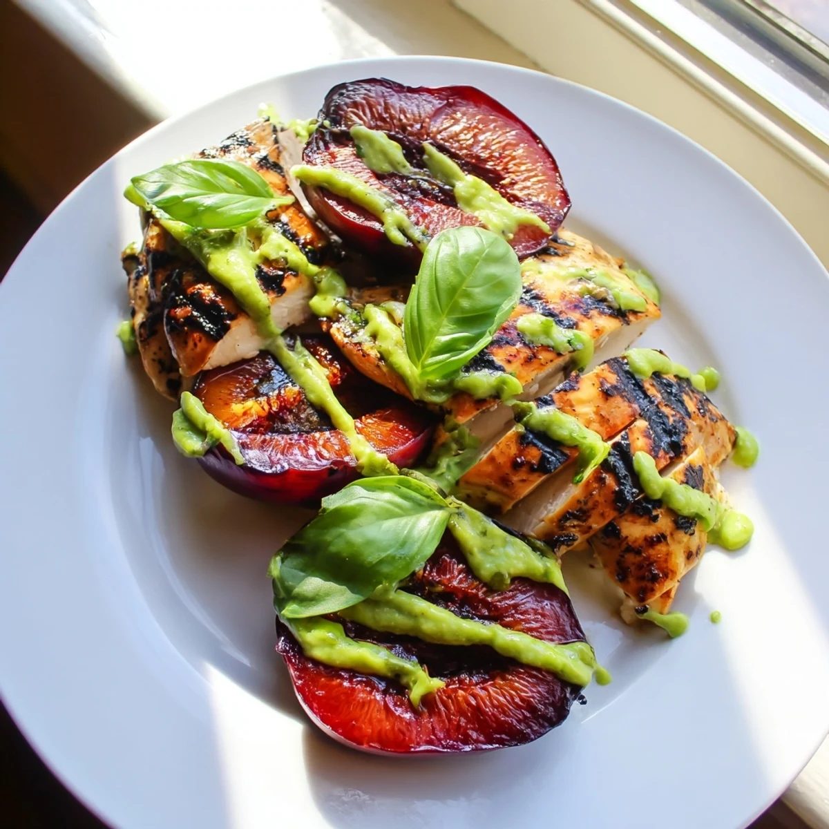 Juicy Grilled Plum Chicken with charred fruit slices and creamy green basil avocado drizzle