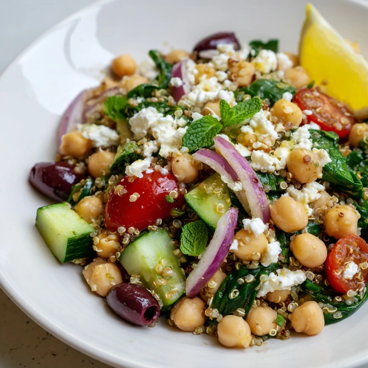 Vibrant Mediterranean chickpea and spinach lemon bowl with tender greens, juicy tomatoes, and tangy dressing
