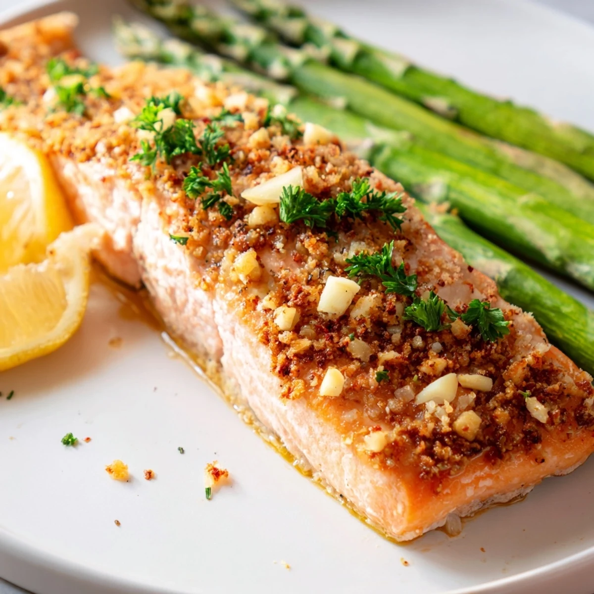 Succulent garlic lemon salmon with roasted asparagus topped with fresh parsley and lemon wedges