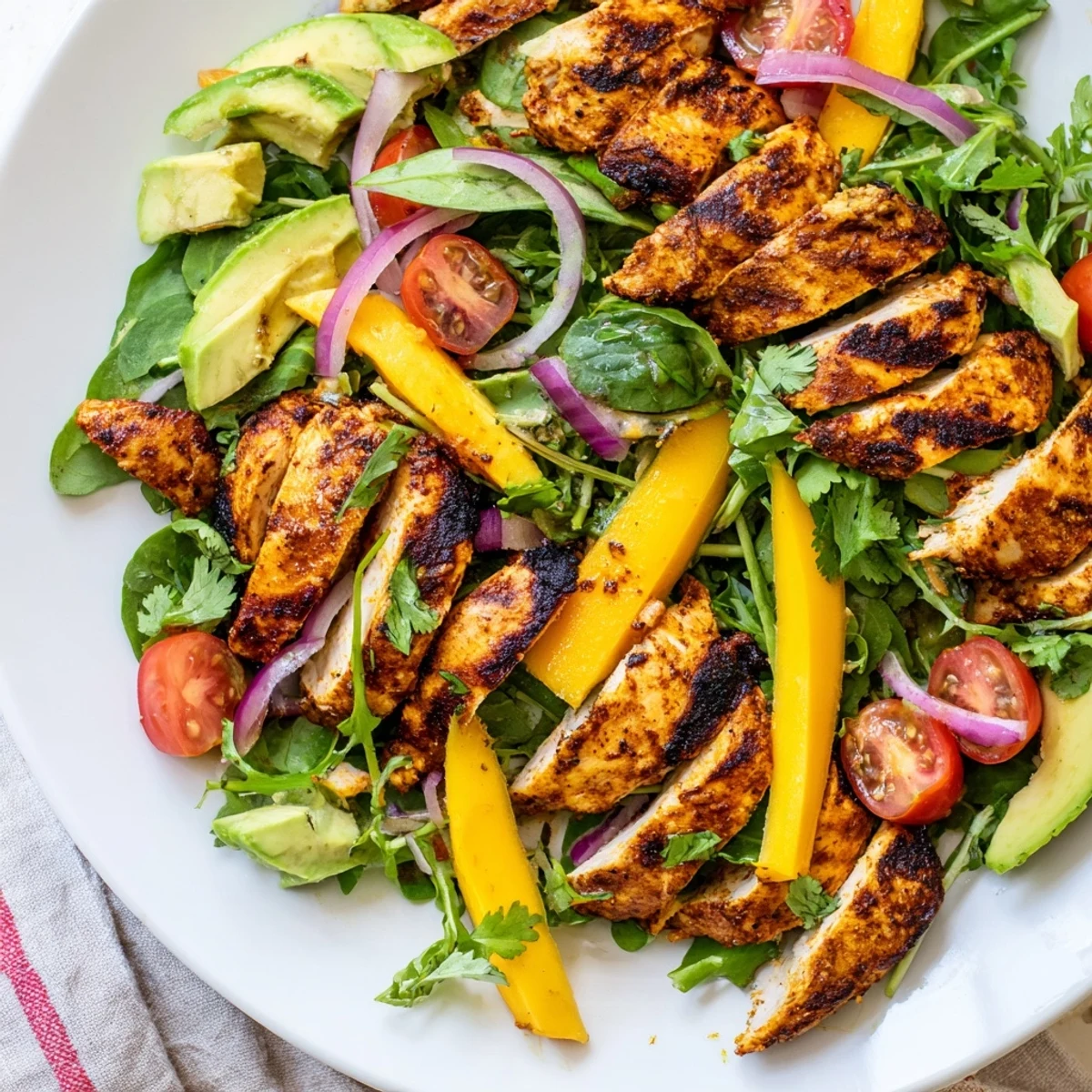 Sliced grilled chicken atop crisp greens with sweet mango chunks and creamy avocado wedges