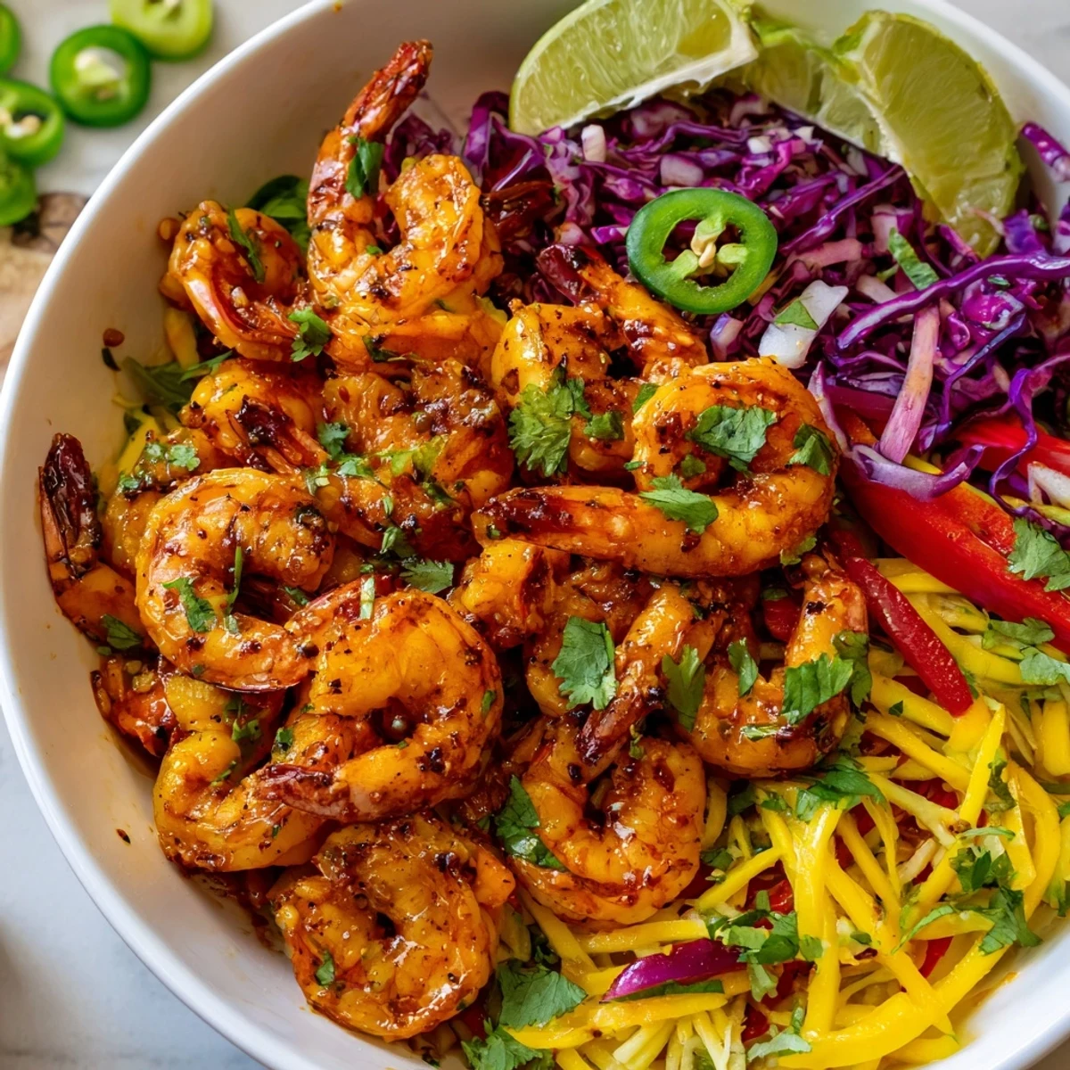 Sizzling spicy garlic shrimp with mango lime slaw served on a white plate