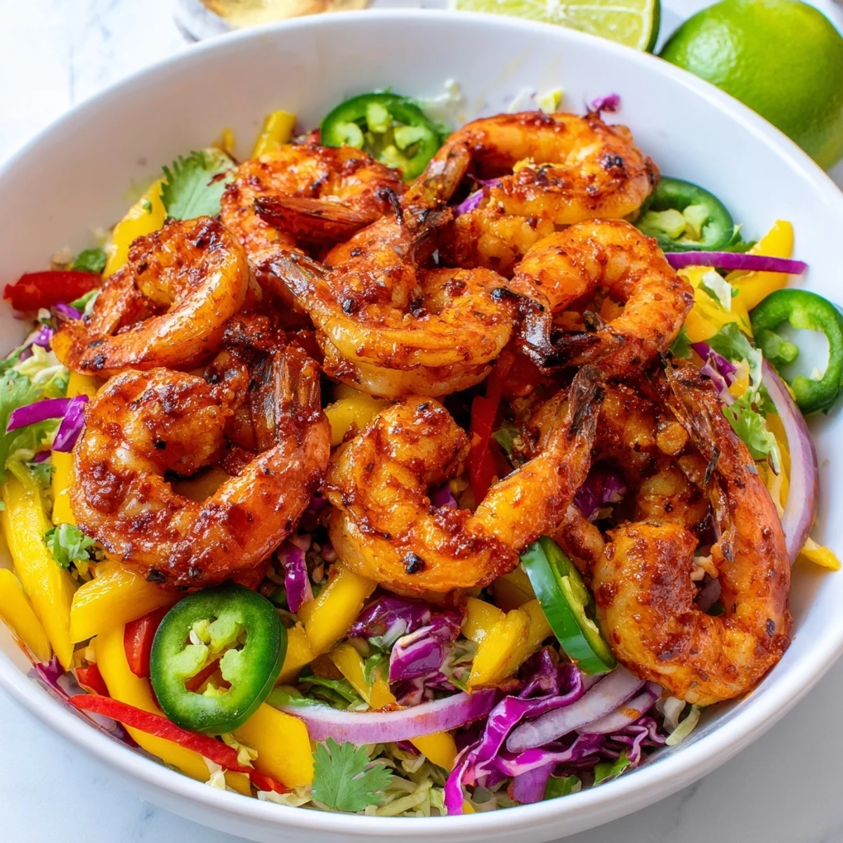 Golden pan-seared spicy garlic shrimp with mango lime slaw topped with fresh cilantro