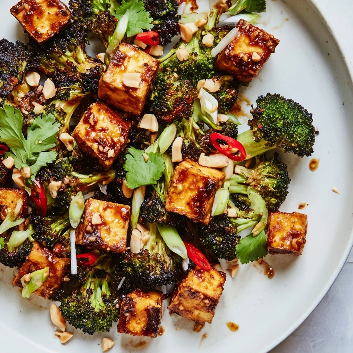 Golden miso ginger tofu with sesame broccoli crunch on a white plate