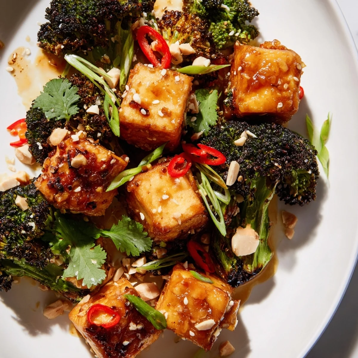 Crispy miso ginger tofu atop charred sesame broccoli crunch with slivered almonds