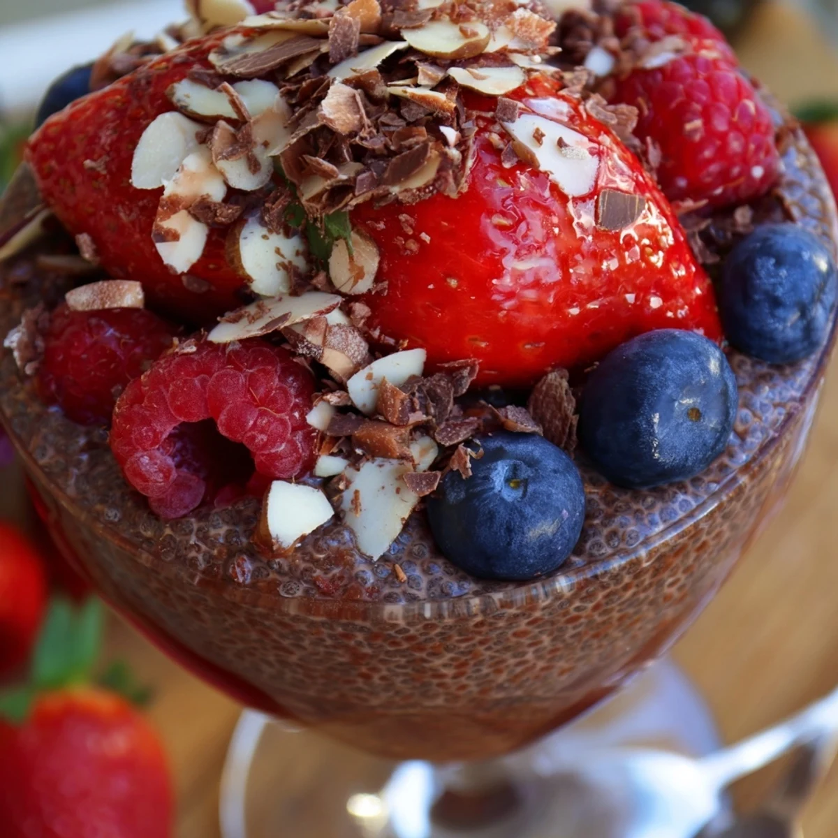 Rich chocolate almond berry protein chia cream topped with juicy strawberries and crunchy almonds