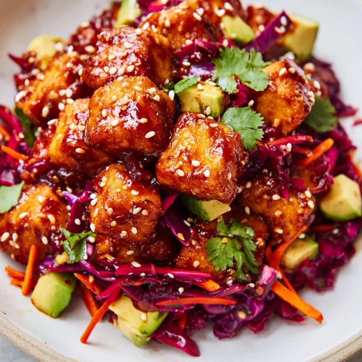 Crispy chili lime tofu with avocado cabbage crunch topped with toasted sesame seeds