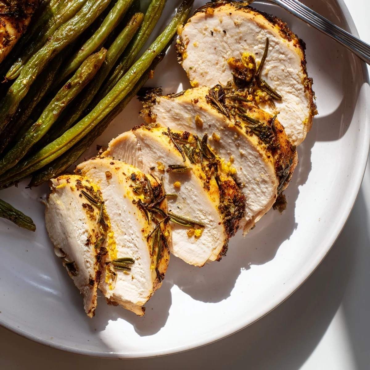 Juicy herb-crusted chicken breast served alongside tender-crisp roasted green beans