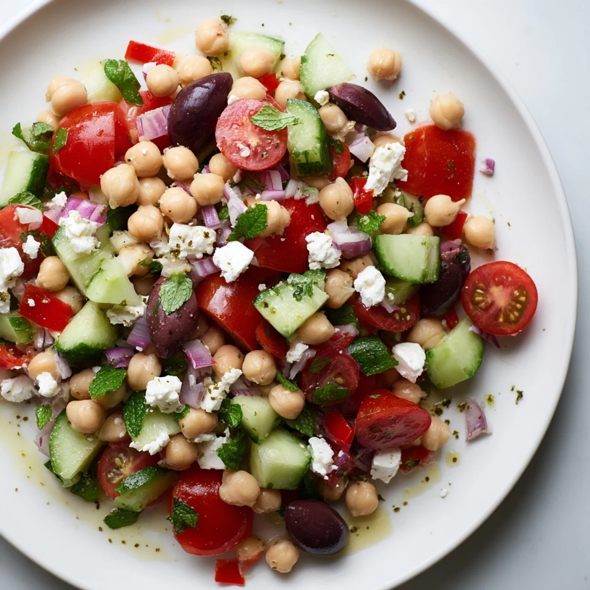 Colorful Mediterranean chickpea salad with juicy tomatoes, crisp cucumber, and fresh herbs in bowl