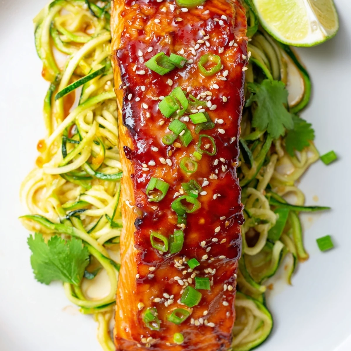 Glazed miso ginger salmon fillet served over sesame zucchini noodles on white plate