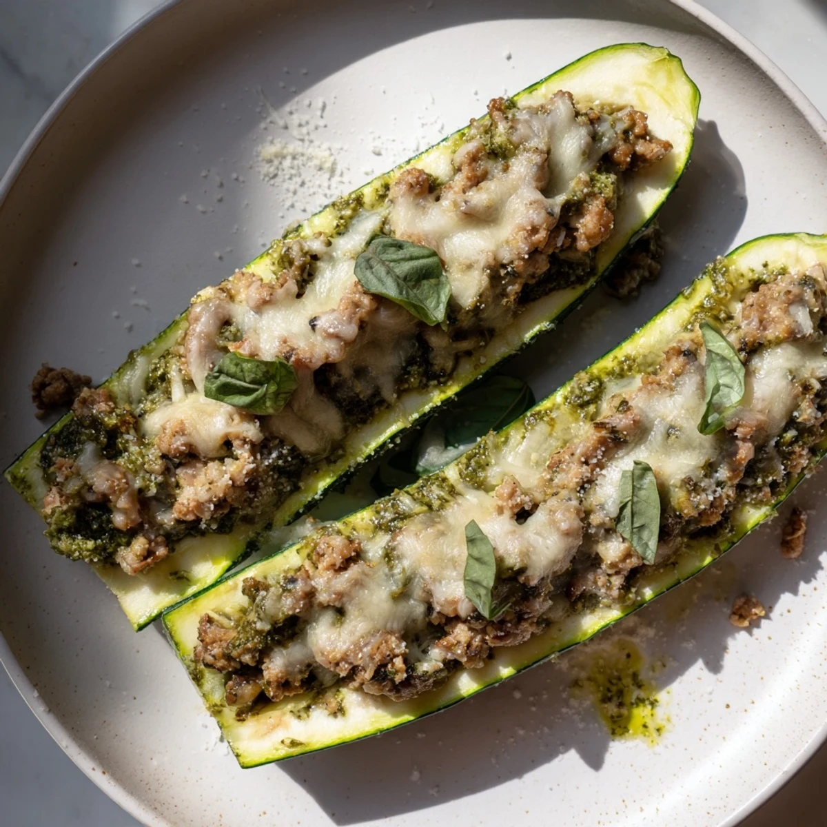 Golden baked Pesto Turkey and Mushroom Stuffed Zucchini boats with bubbling melted mozzarella and Parmesan cheese