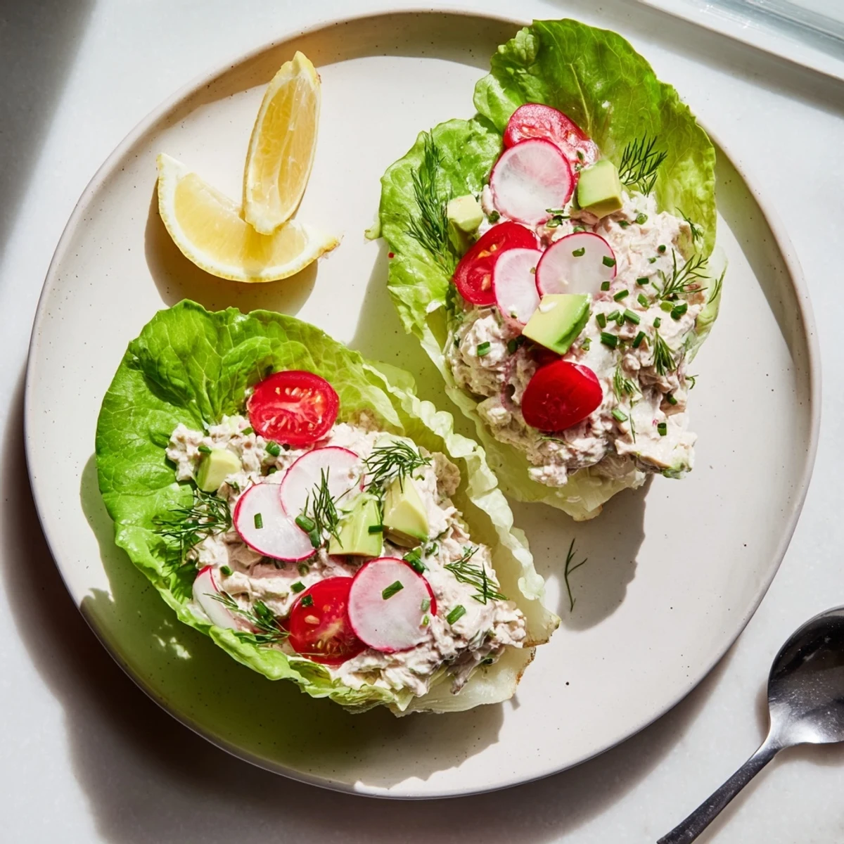 Creamy cottage cheese avocado herb tuna salad cups nestled in crisp butter lettuce leaves with cherry tomatoes