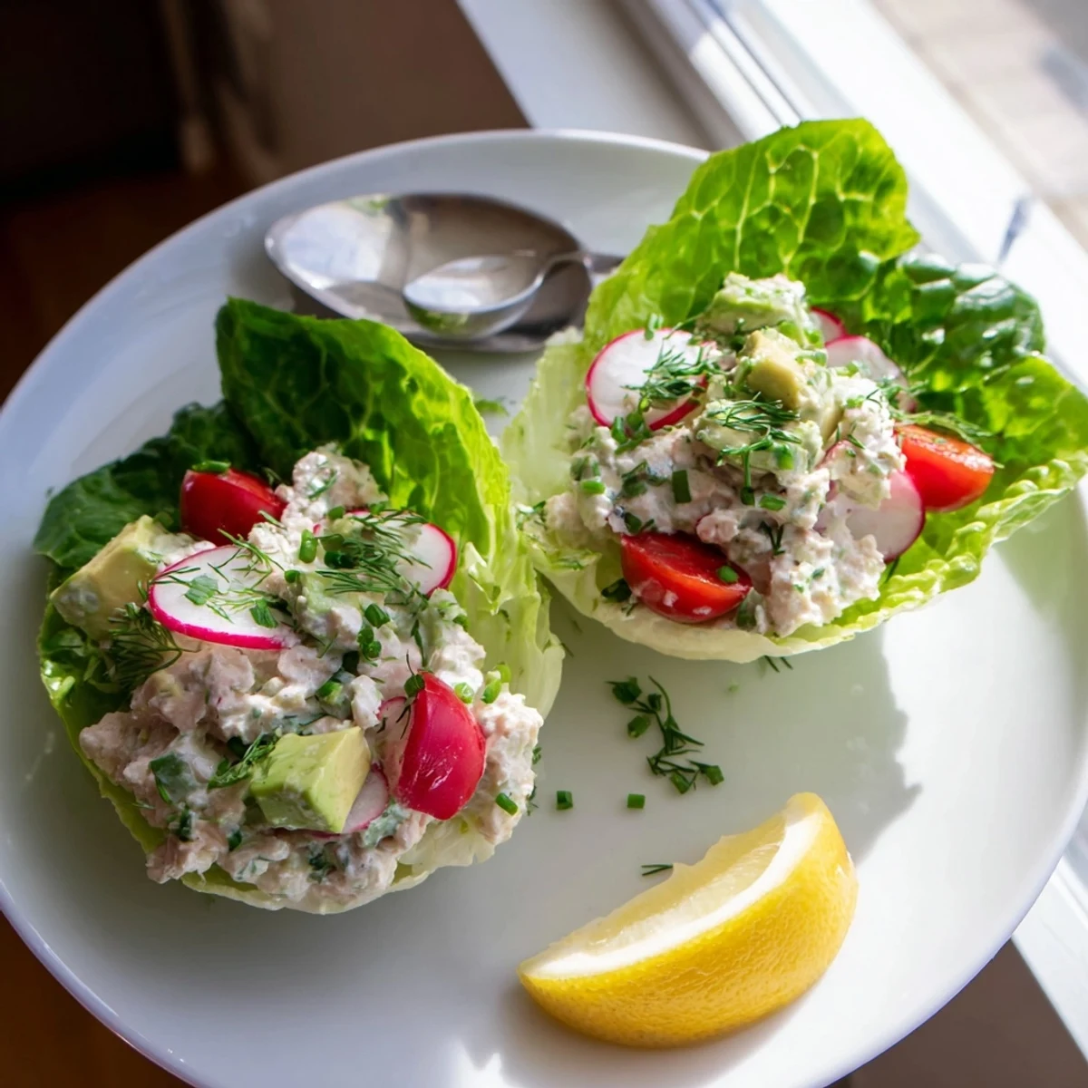 Herb tuna salad loaded with cottage cheese and avocado spooned into fresh green lettuce cups