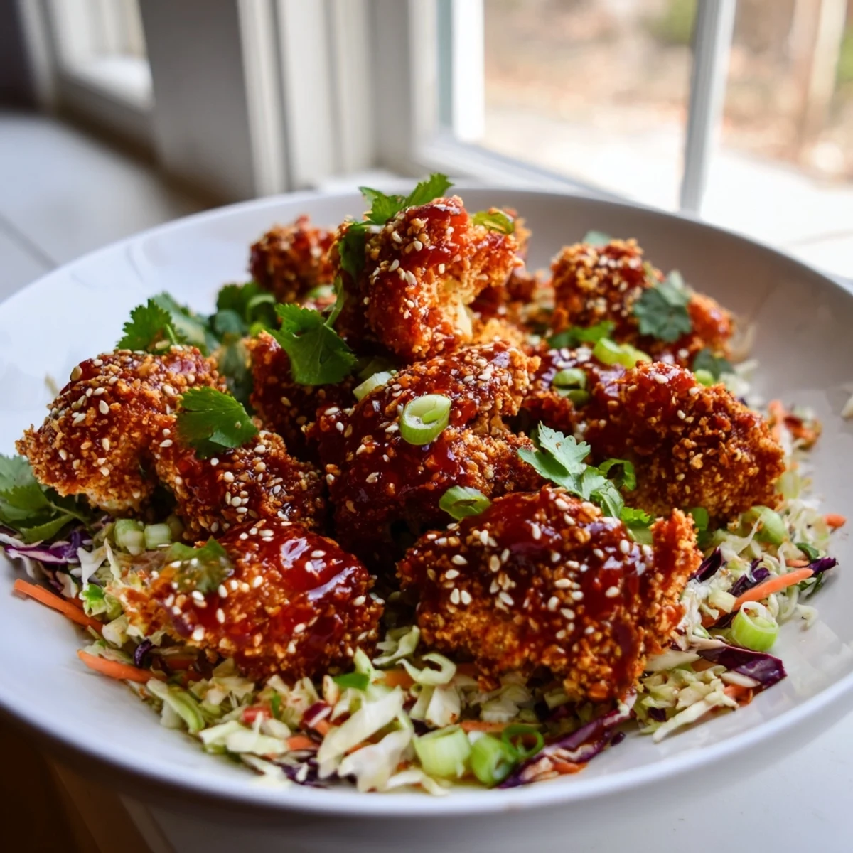 Golden crispy chili garlic cauliflower florets drizzled with spicy sauce on a white plate
