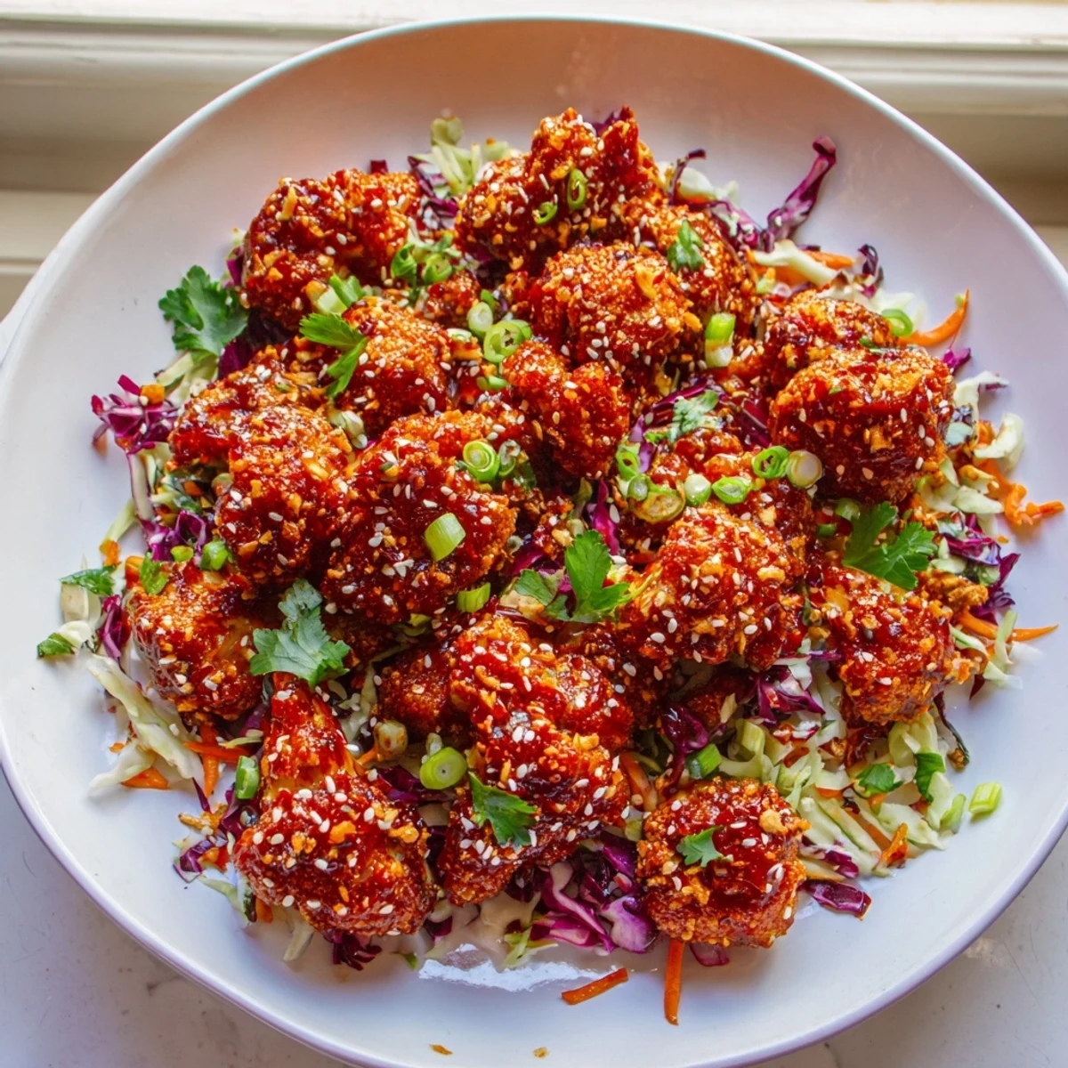 Crispy chili garlic cauliflower piled high atop colorful rainbow sesame slaw with fresh cilantro