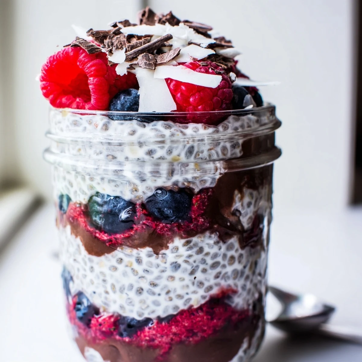Creamy chocolate coconut berry protein chia cream topped with dark shavings and shredded coconut