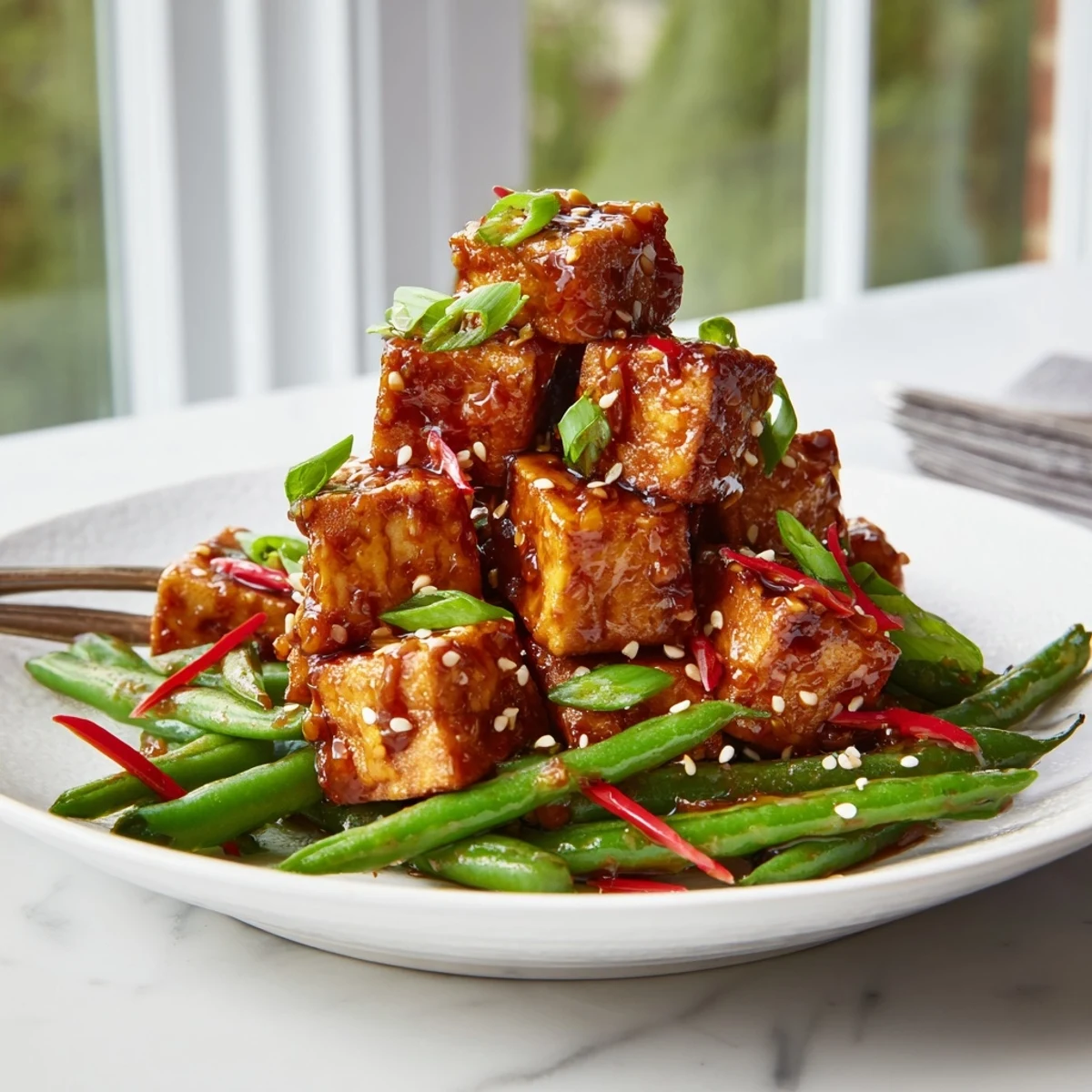 Miso maple tofu with glossy sweet-savory sauce served over bright crunchy sesame green beans