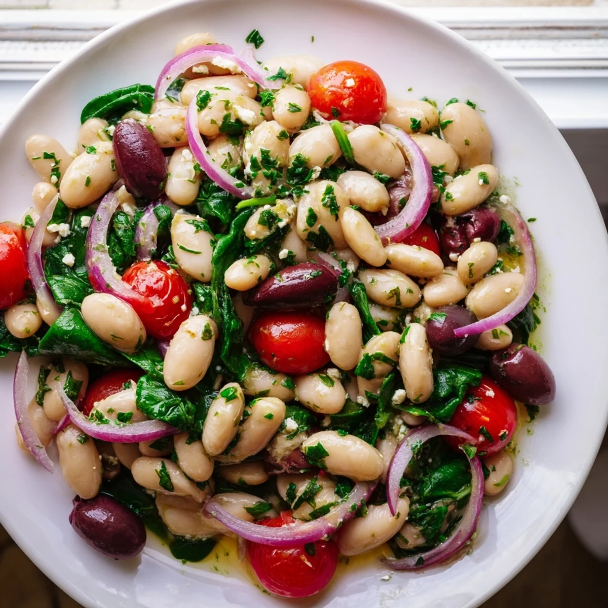 Briny Kalamata olives and tender baby spinach mingle with plump white beans in this colorful Mediterranean salad drizzled with zesty vinaigrette