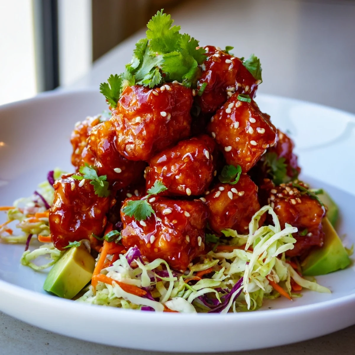 Vibrant avocado sesame slaw piled beneath sticky glazed crispy chili lime tofu pieces