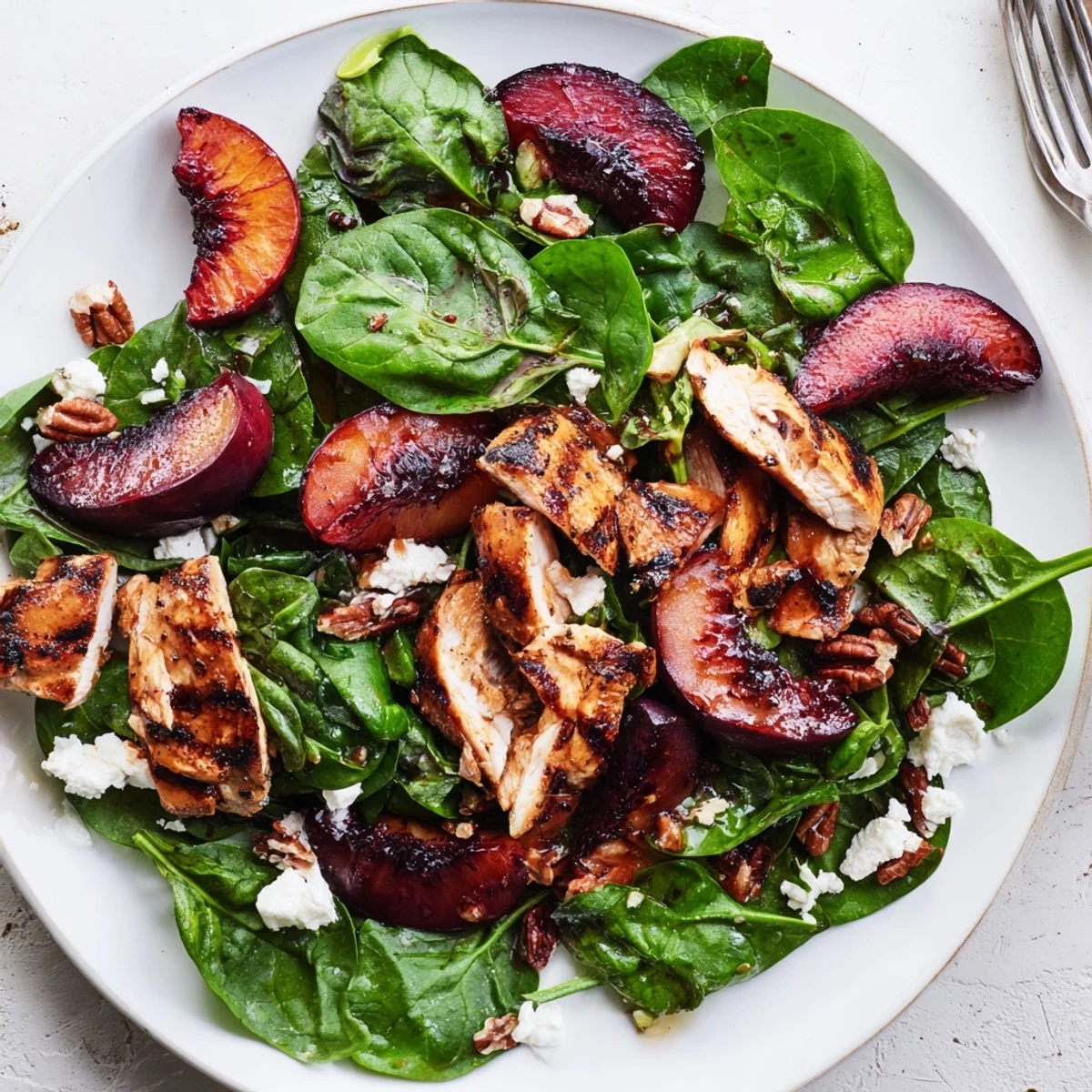 Colorful grilled plum and spinach chicken salad drizzled with honey-balsamic dressing on a plate