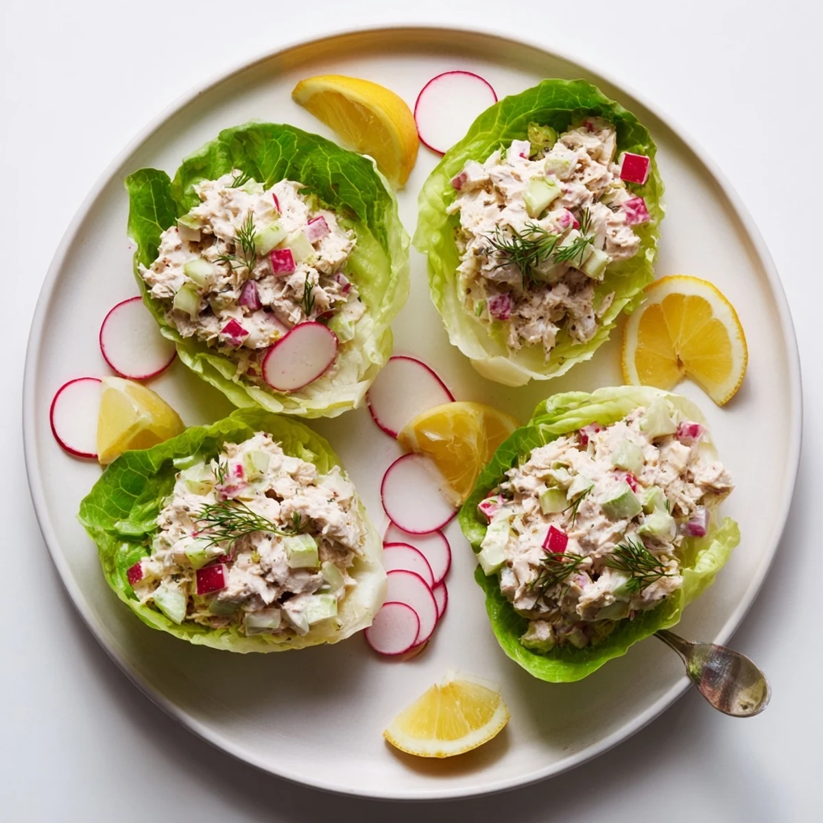 Zesty cottage cheese lemon dill tuna lettuce cups garnished with fresh dill and radishes