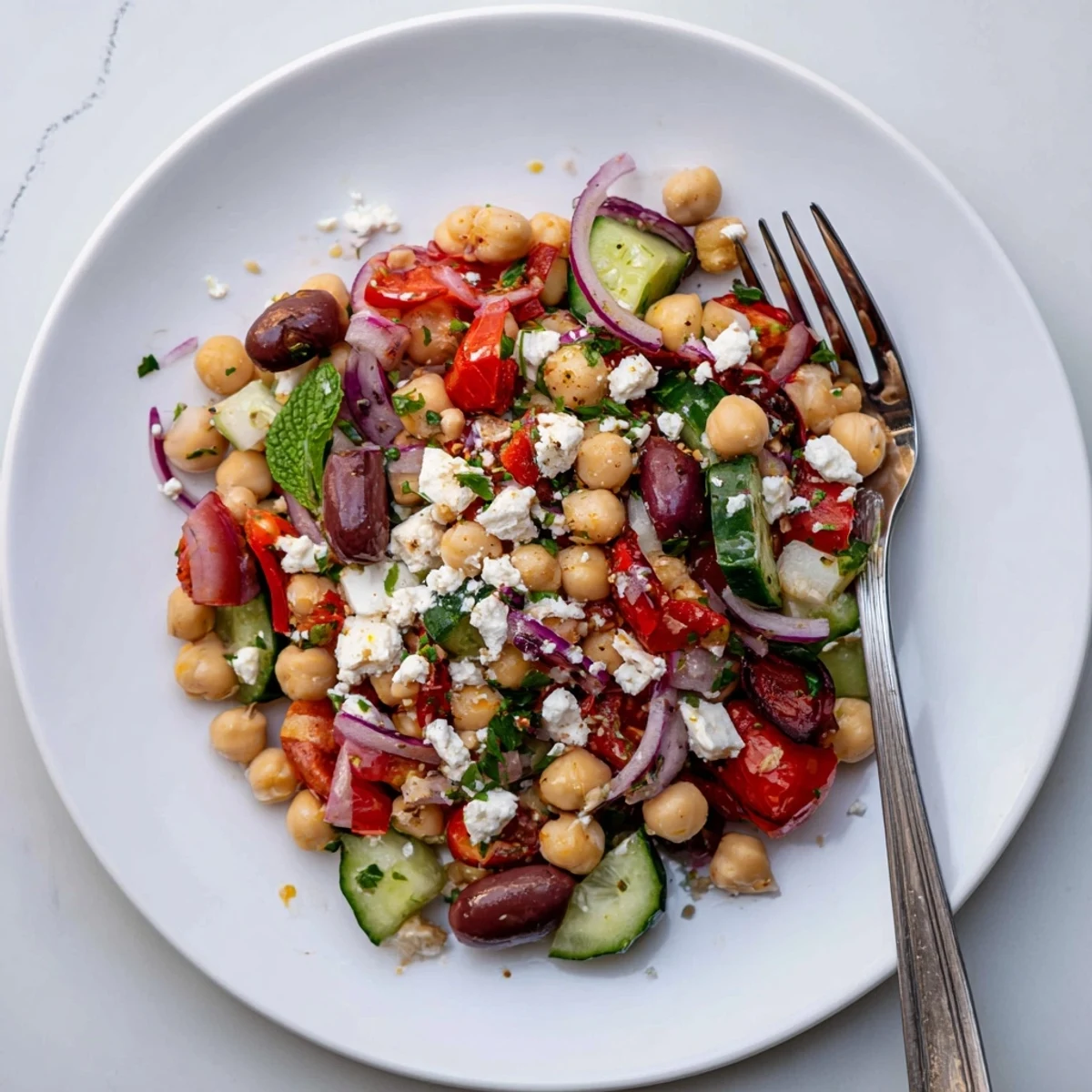 Bright Mediterranean chickpea and tomato olive salad featuring briny olives, diced cucumber, and crumbled feta