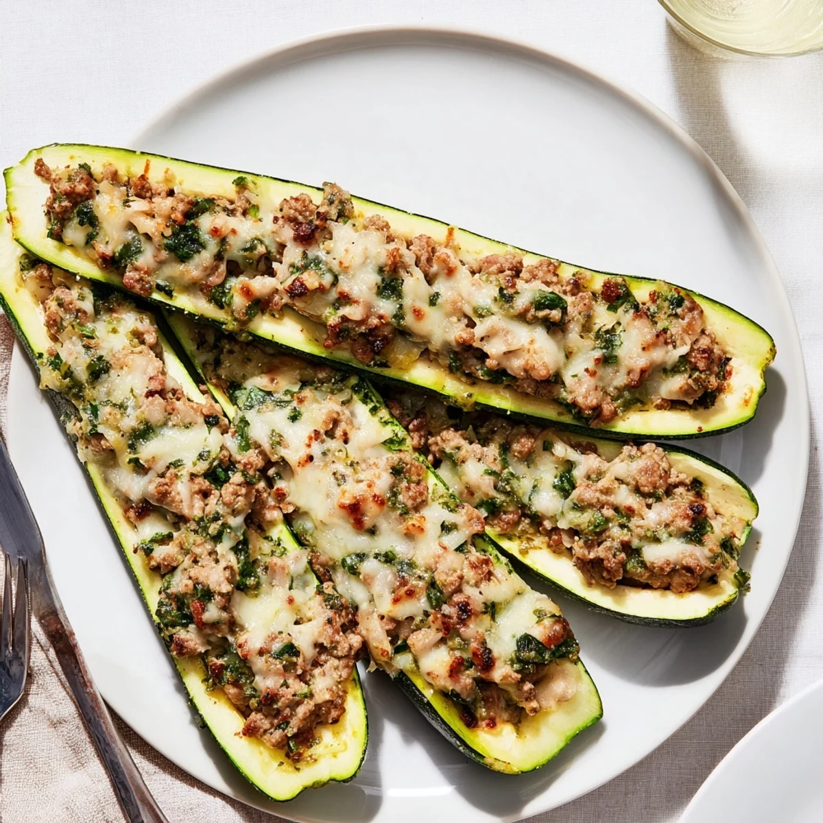 Tender zucchini halves filled with savory pesto turkey mushroom stuffing fresh from oven