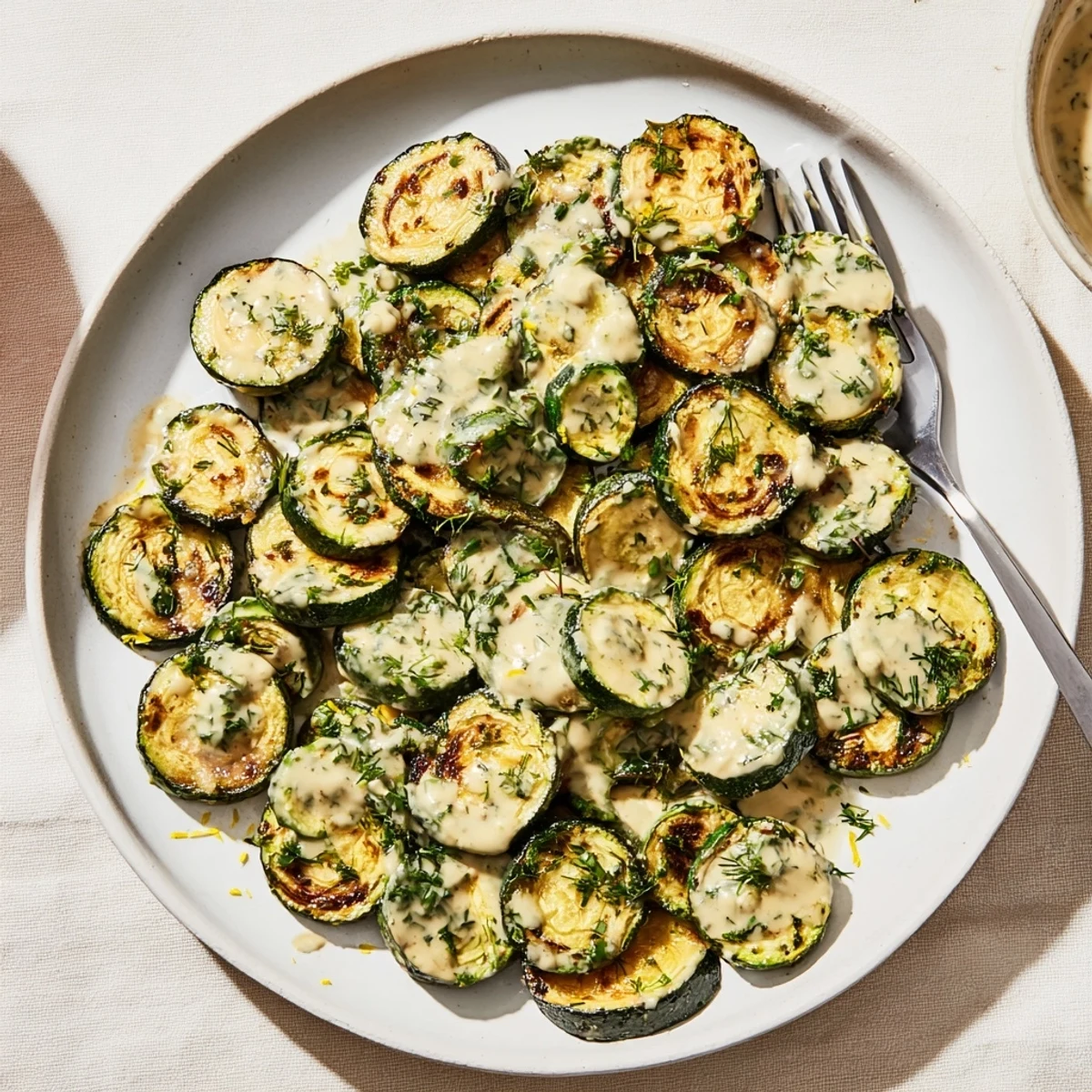 Golden roasted zucchini with lemon tahini herb drizzle served on a rustic white platter