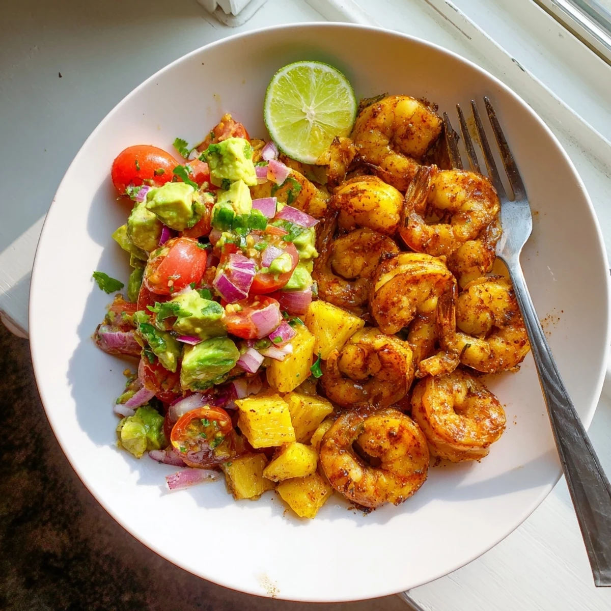 Spicy pineapple shrimp sizzling in a skillet beside creamy green avocado salsa