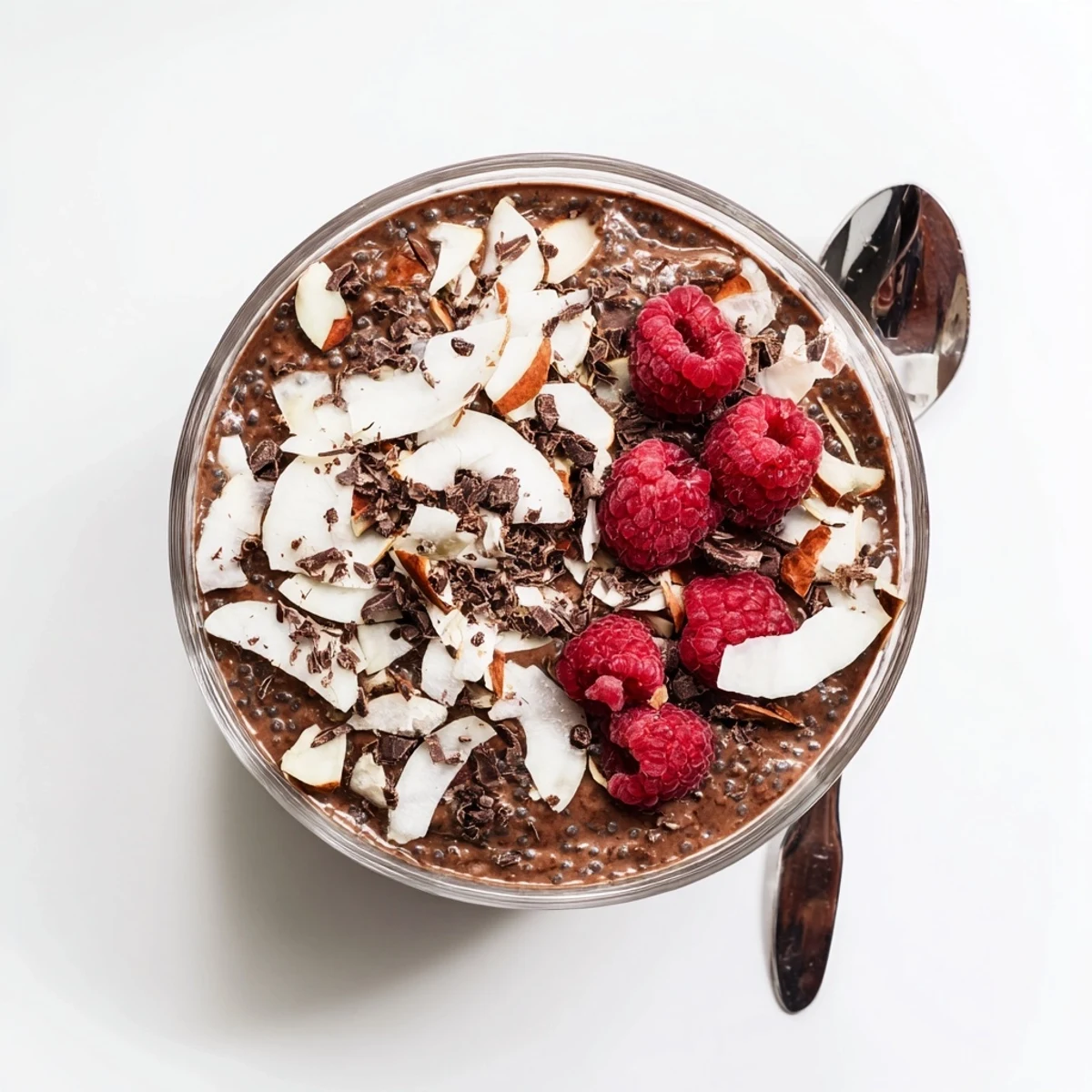 Rich chocolate almond coconut protein chia cream in glass bowls garnished with toasted coconut flakes